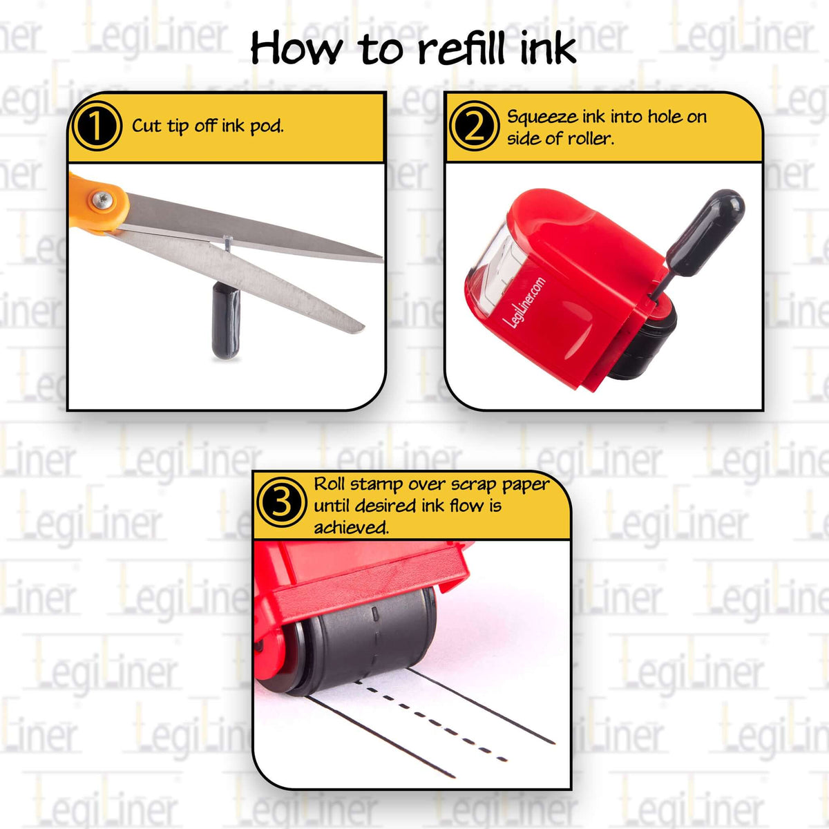 How to refill ink Work from 34 inch Dashed Handwriting Lines Roller Stamp