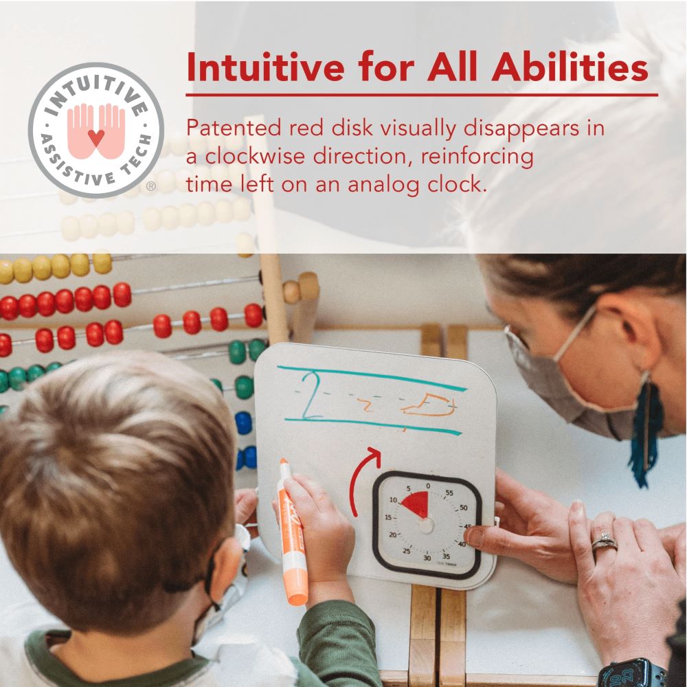 Teacher guiding child using an intuitive Time Timer with a patented red disk that visually disappears clockwise to reinforce time left on an analog clock.