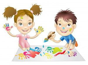 Boy and girl depicted as cartoon characters playing with finger paint