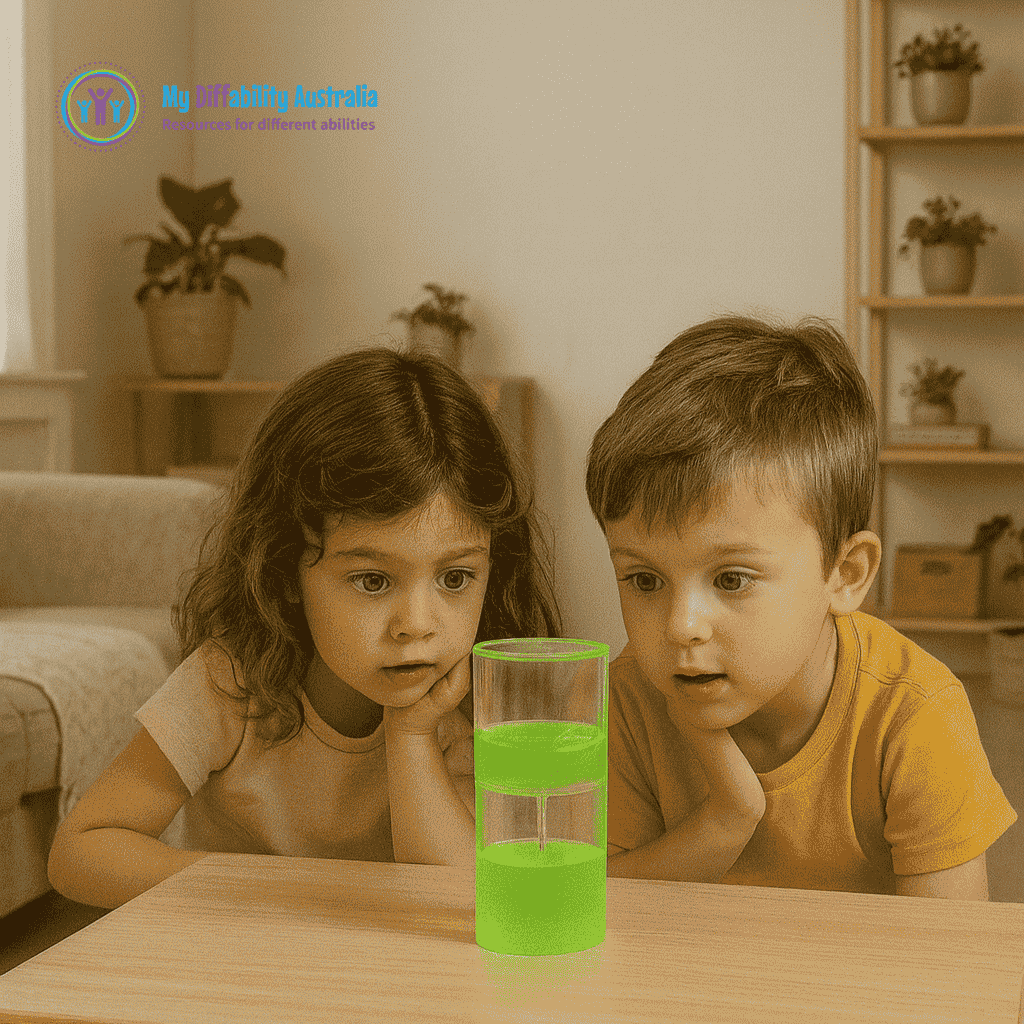 2 Kids In The Living room looking at the green sensory ooze tube