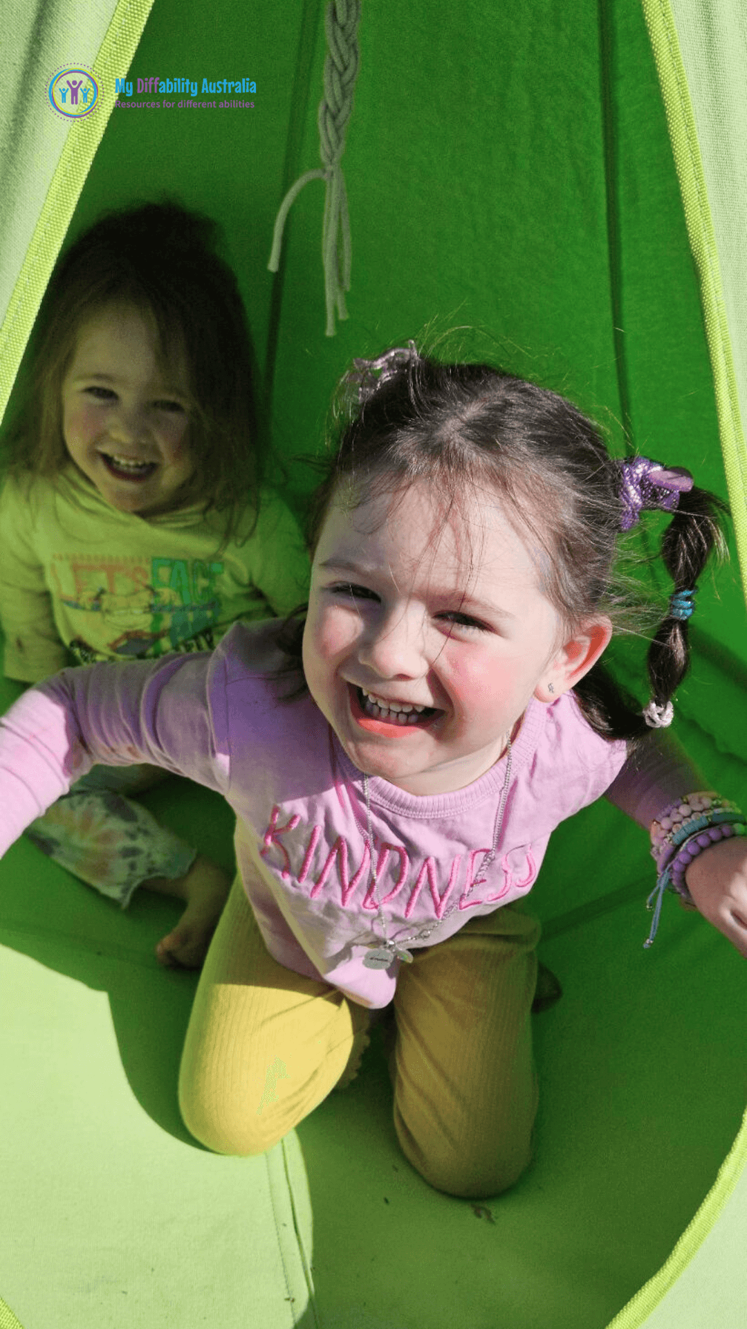 2 kids playing inside the pod swing