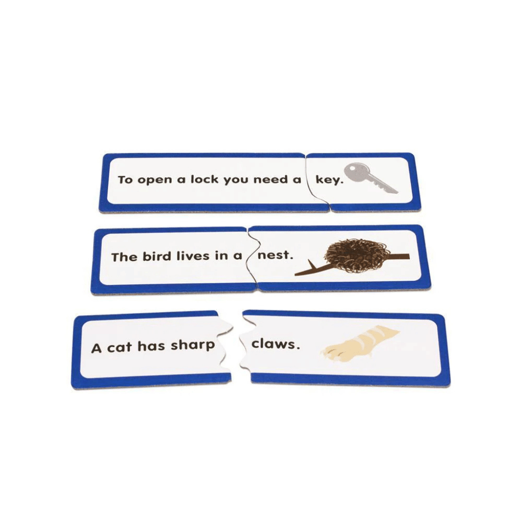 6 Comprehension Games showing three pairs of simple sentence puzzle cards