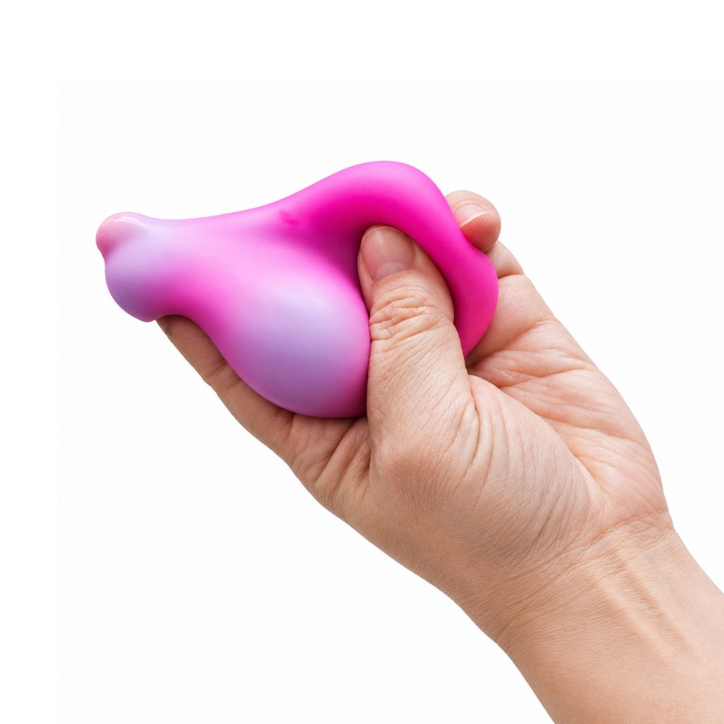 A hand squeezing a pink and purple gradient stress ball against a plain white background