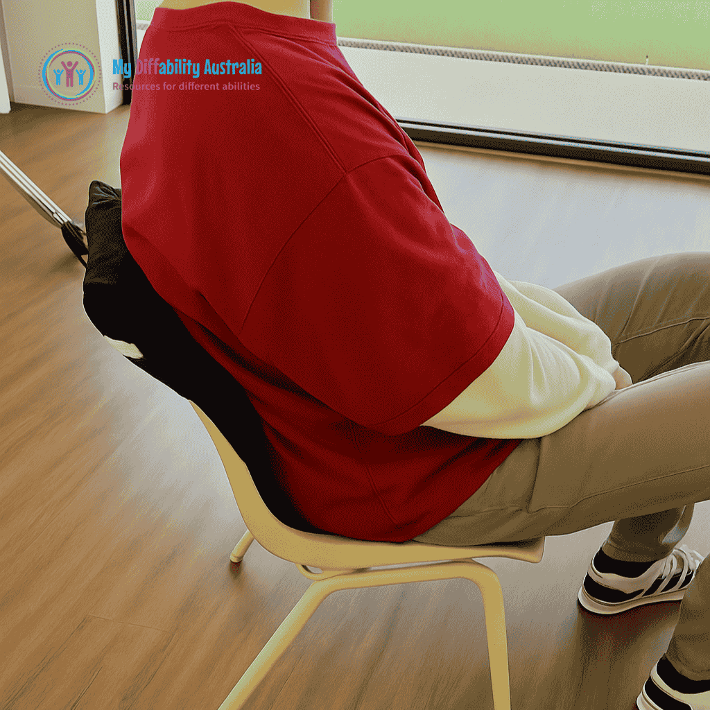Adult leaning pressure activated vibrating cushion while its on the chair