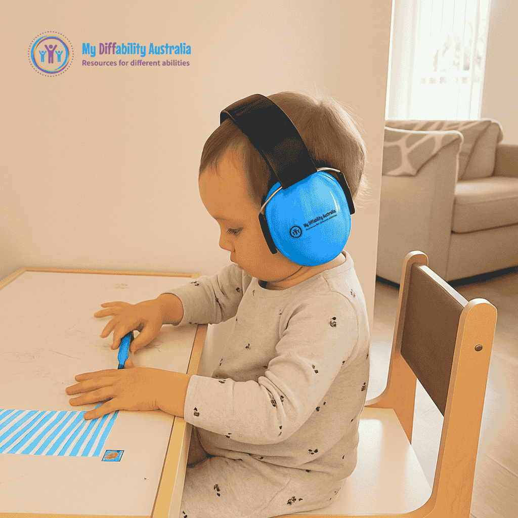 Baby Wearing Blue Ear Defender While Seating Down