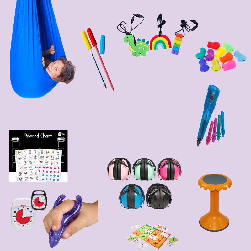 Collage of various classroom supplies including a child in a blue swing, colorful markers, a reward chart, headphones, and a small stool on a light purple background.