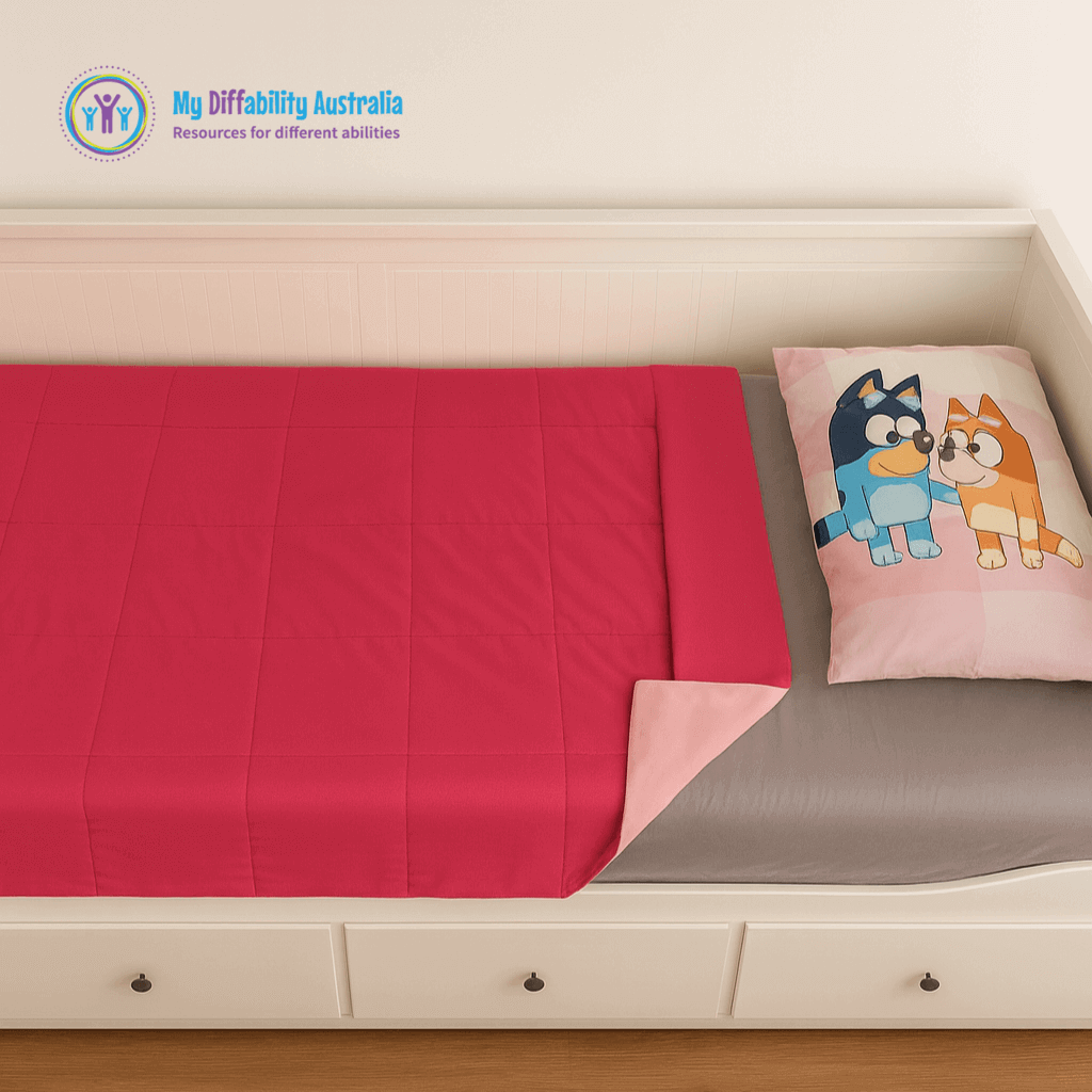 Bed showing Weighted Blanket Single on to of it pink on pink