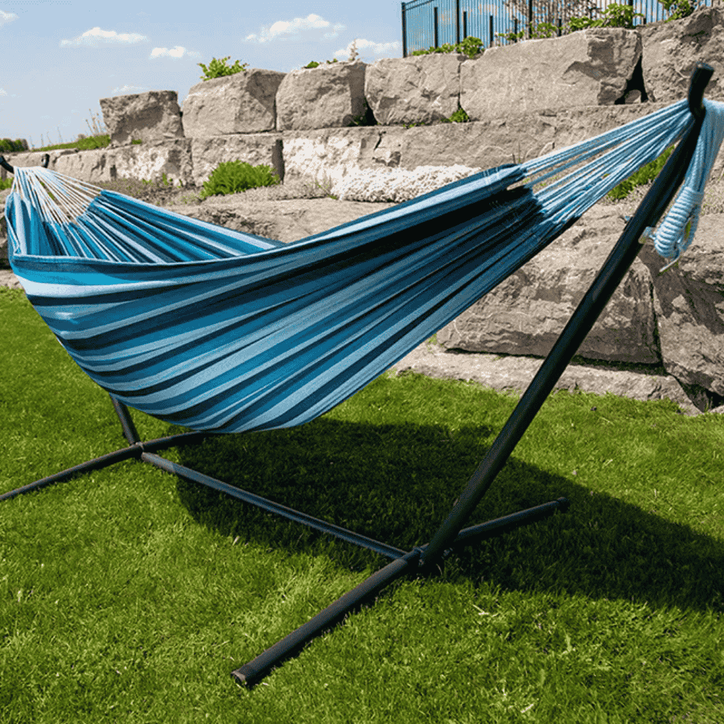 Blue Lagoon Double Hammock with Stand in the garden