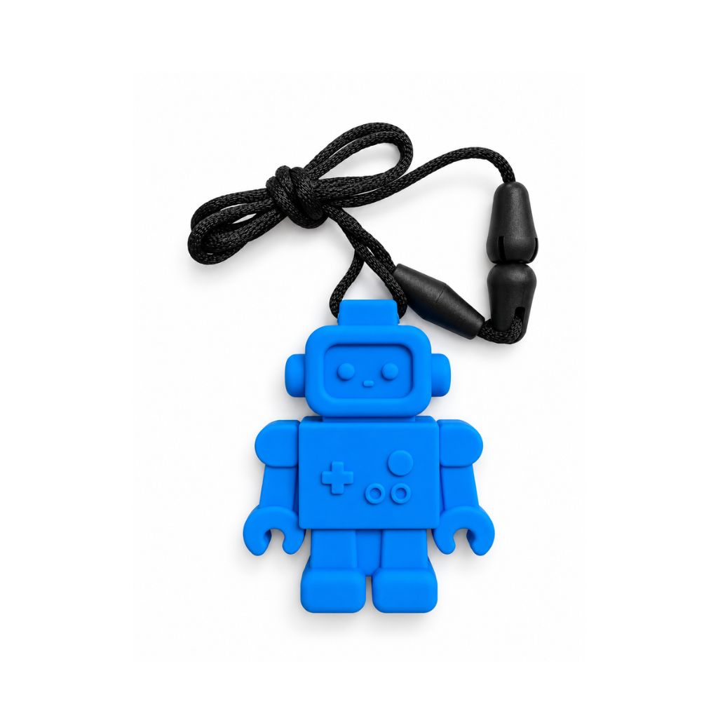 Blue Robot Sensory Chew Necklace full view