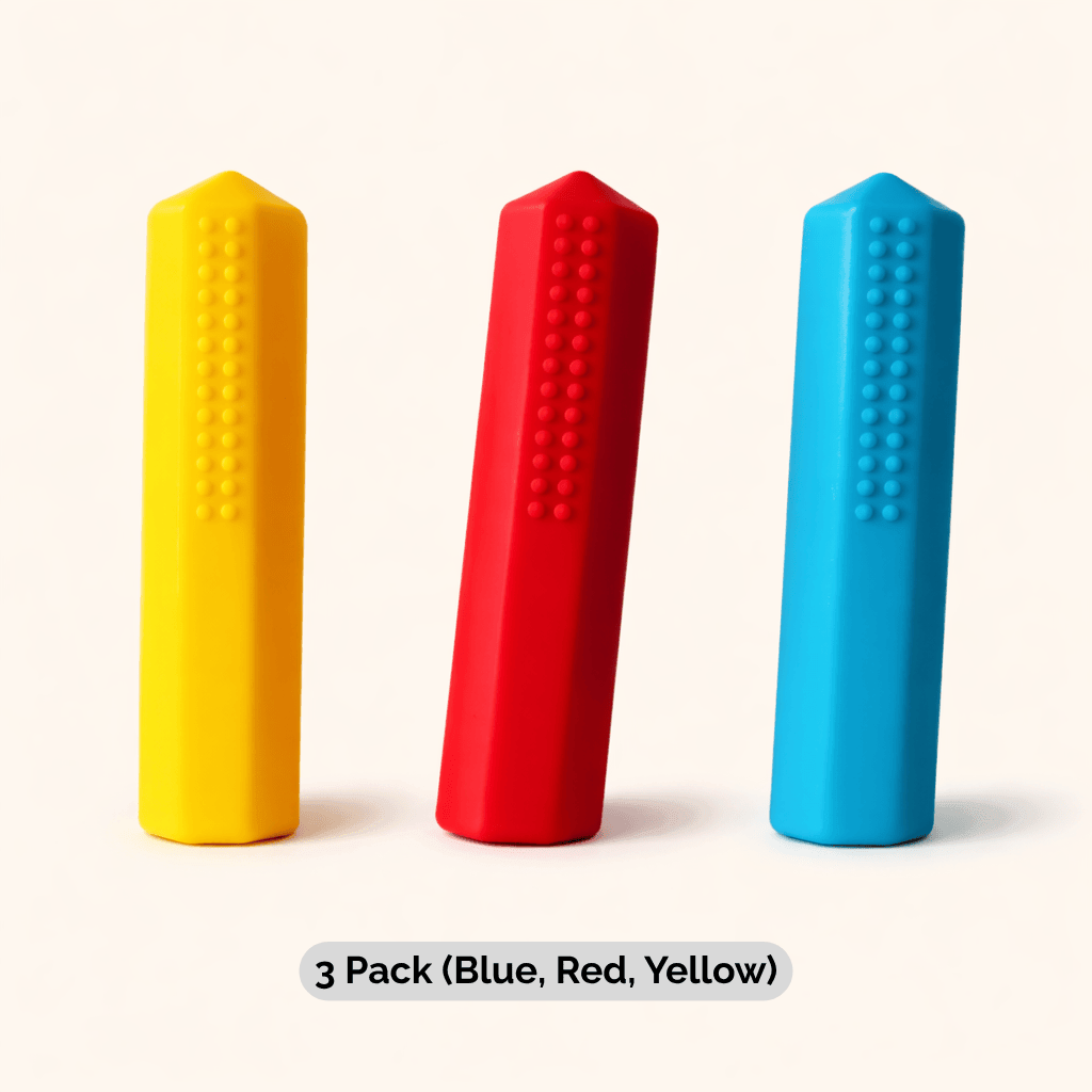 Chewable Chunky Pencil Topper 3 Pack Blue Red Yellow
