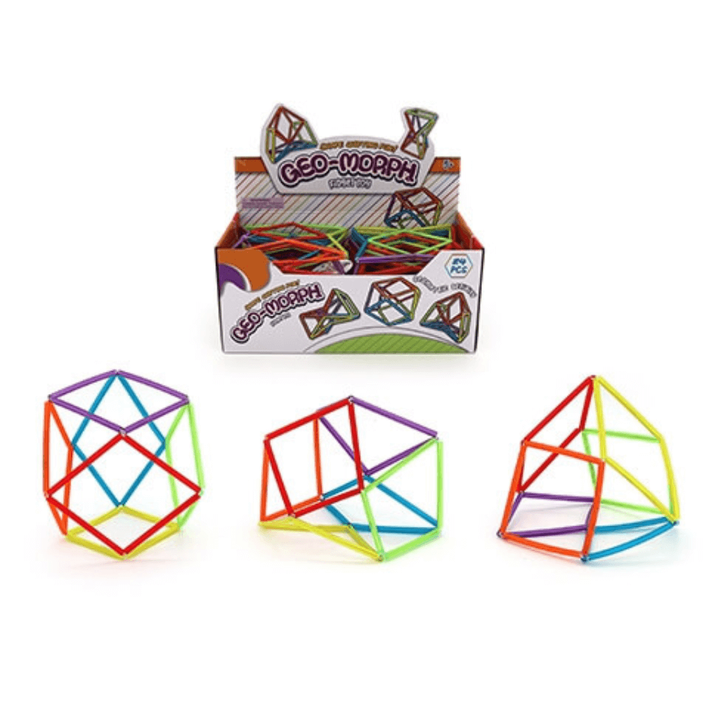 Geo Morph Fidget Toy displayed in their box and 3 others displayed made into different shapes
