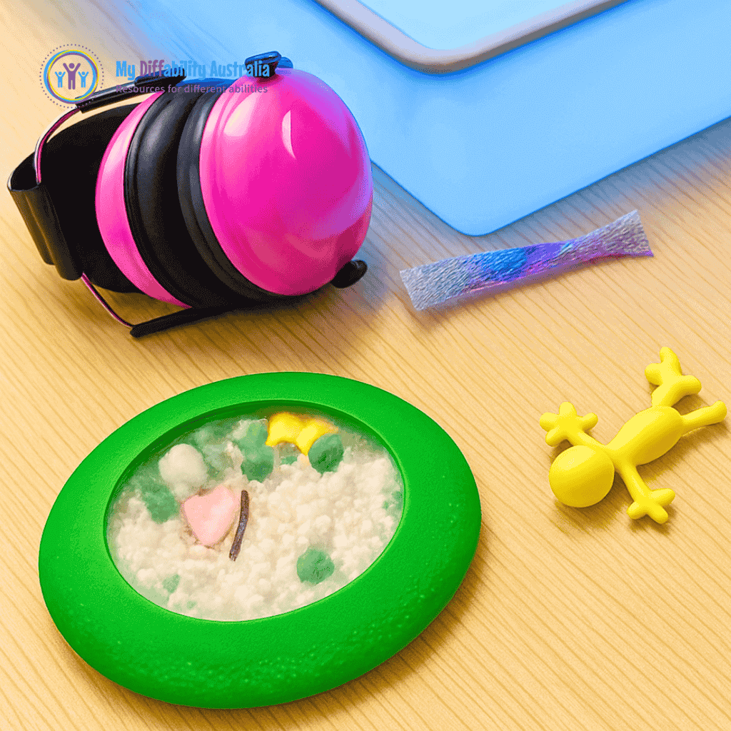 Green Peekaboo Sensory Bag Placed in the table together with Mini Bendy Smiley Men And Marble Mesh And Ear Defender
