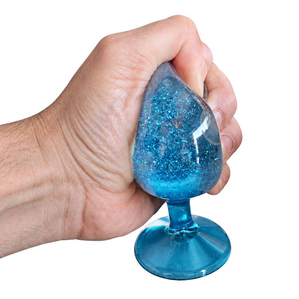 Hand Squishing Blue Glitte Globe Suction Squeezy Stress Relief Ball