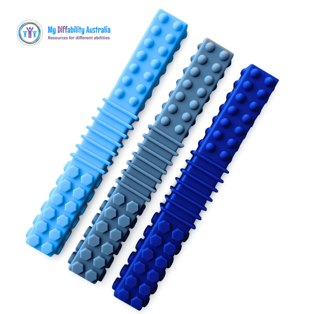 Handheld Sensory Chew Block Showing 3 Different Colours