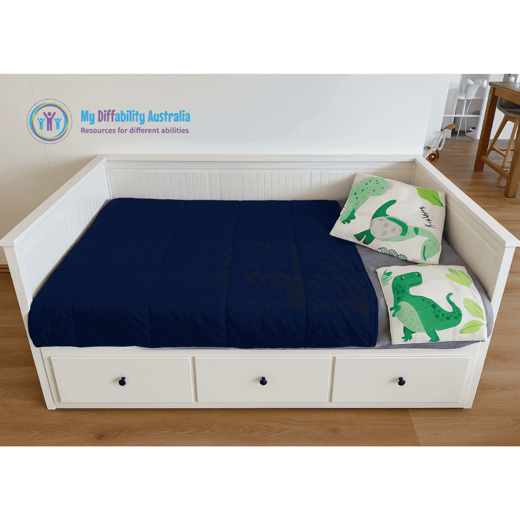 Horizontal View of a Kids Bed with Weighted Blanket Single blue