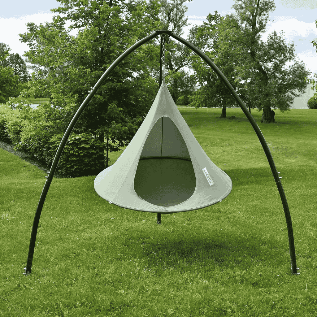 Lifestyle Image of Single Cacoon Khaki Assembled in Tripod Hanging Chair stand