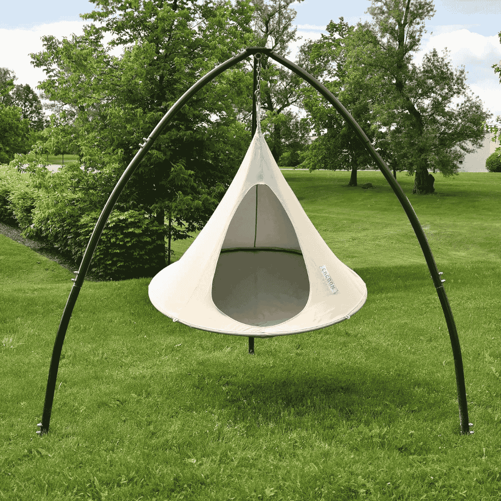 Lifestyle Image of Single Cacoon Natural White Assembled in Tripod Hanging Chair stand