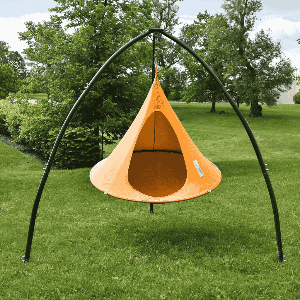 Lifestyle Image of Single Cacoon Nectarine Assembled in Tripod Hanging Chair stand