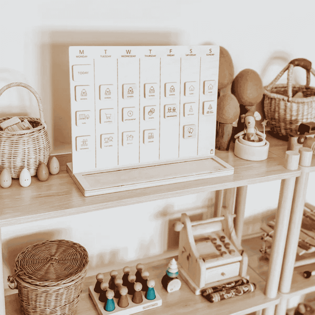 Little Agenda Wooden Weekly Visual Schedule Placed In the wooden rack together with the other wooden toys