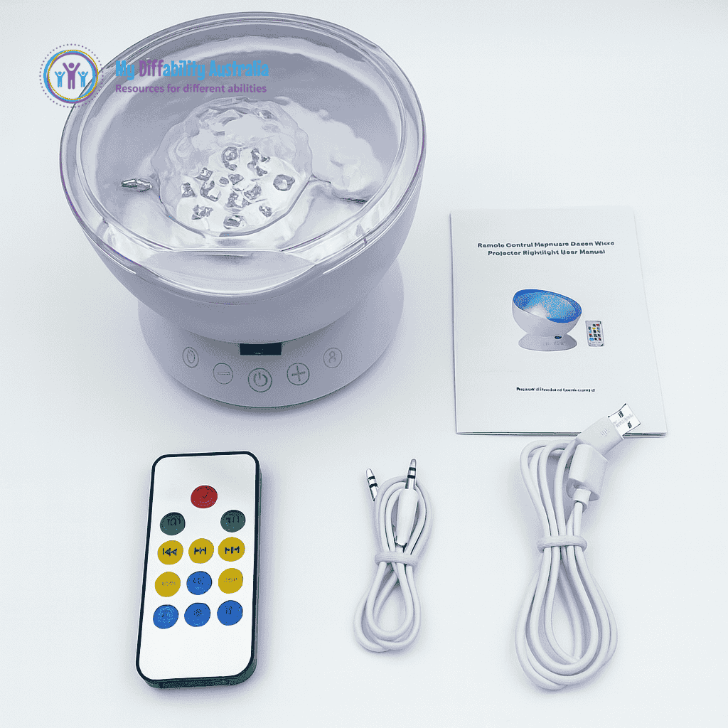 Ocean Wave Projector with its accessories and manual