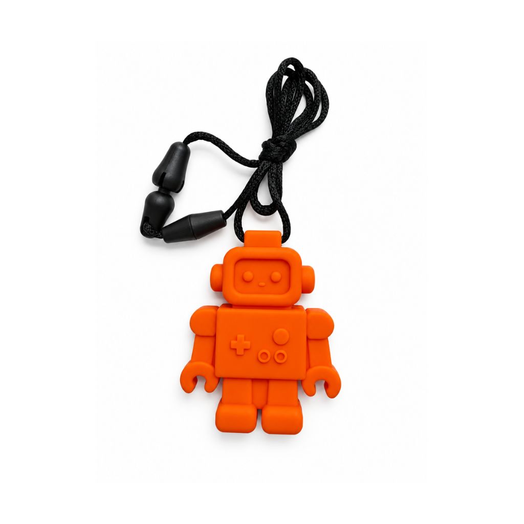 Orange Robot Sensory Chew Necklace full view