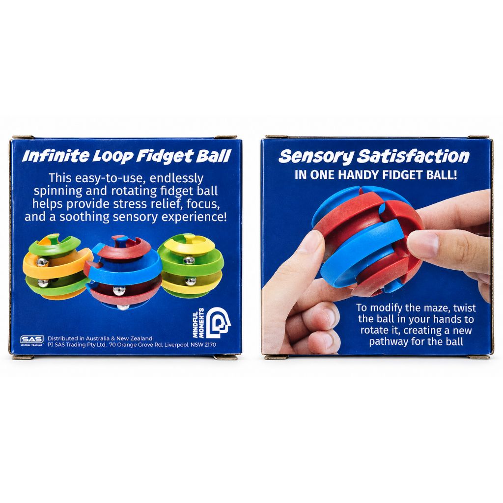 Packaging of Infinite Loop Fidget Ball showing its features