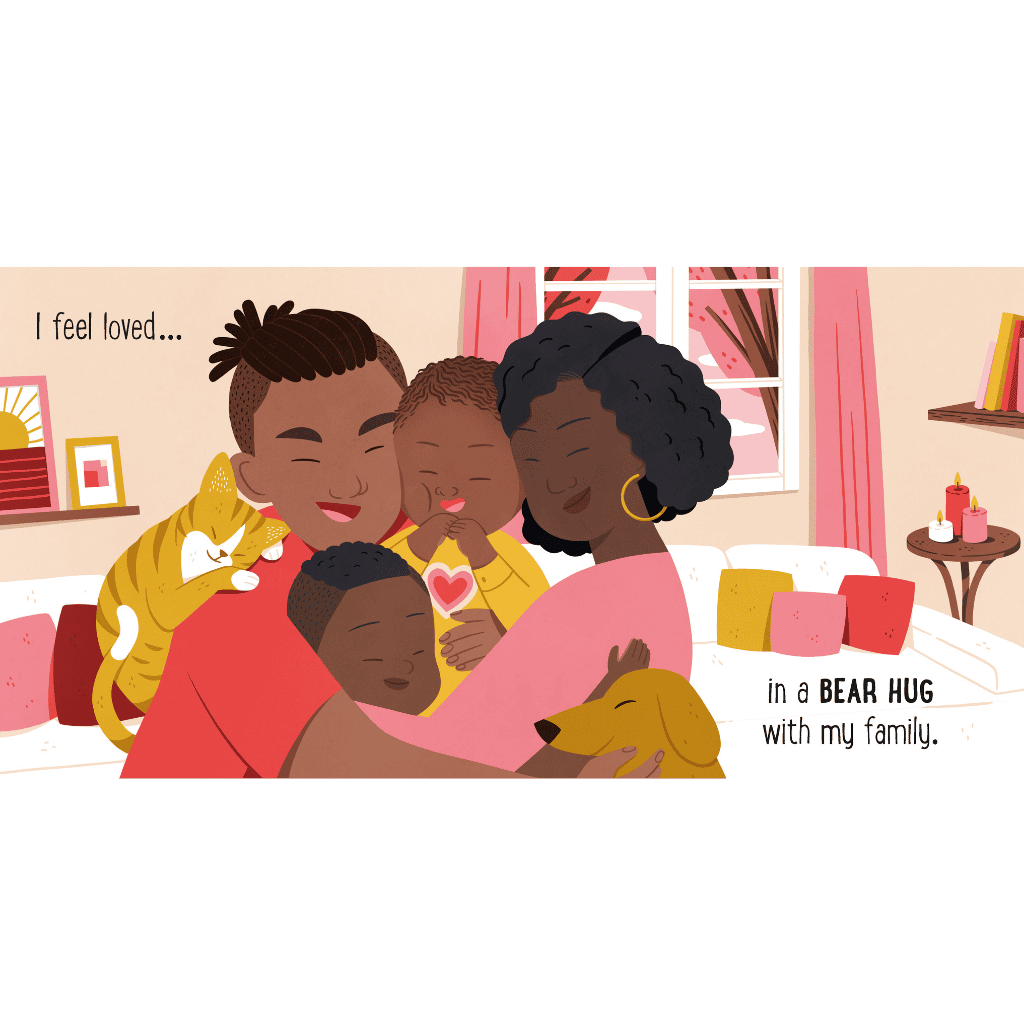 Part of book showing family hugging