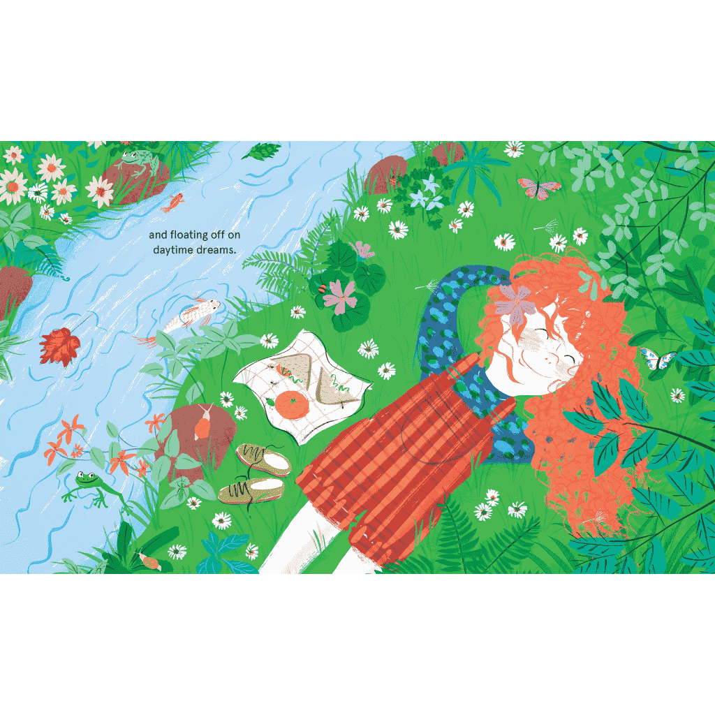 Part of the book showing a girl laying in the grass