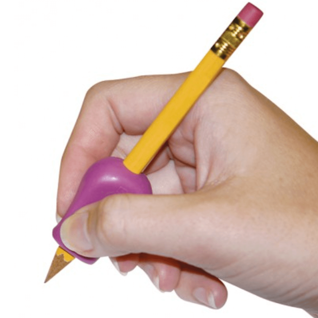 Hand holding a pencil with a purple pencil grip.