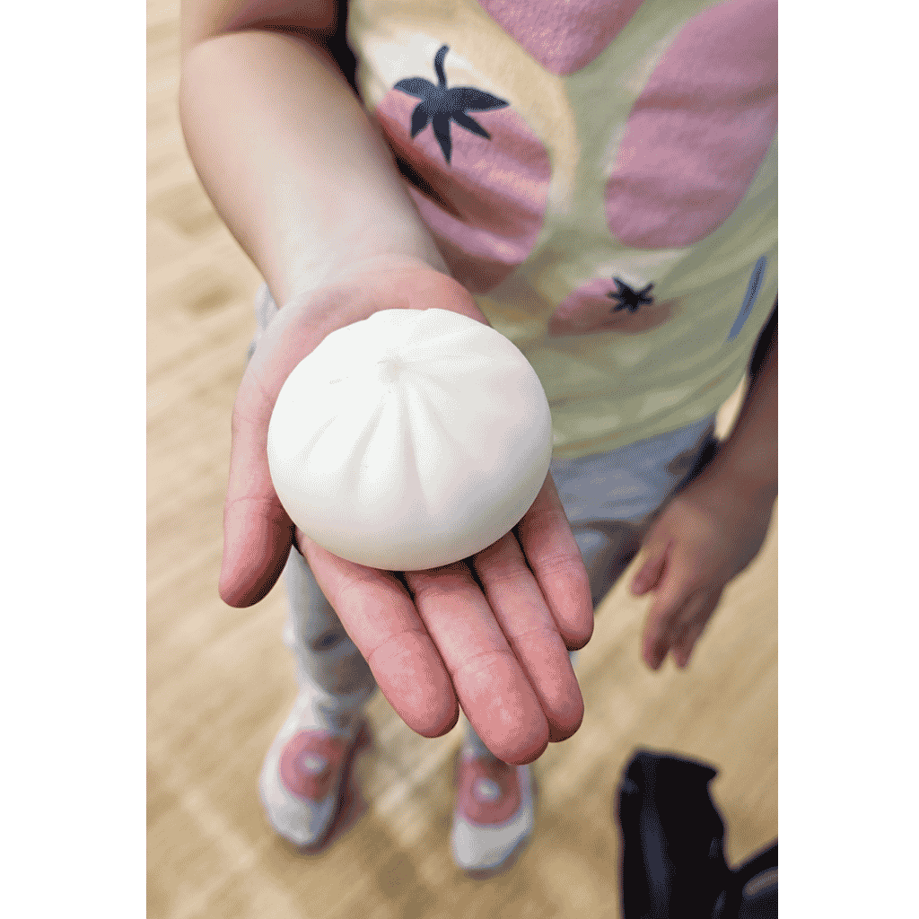 Photo of a kid holding squeeze bun squishy fidget in steamer