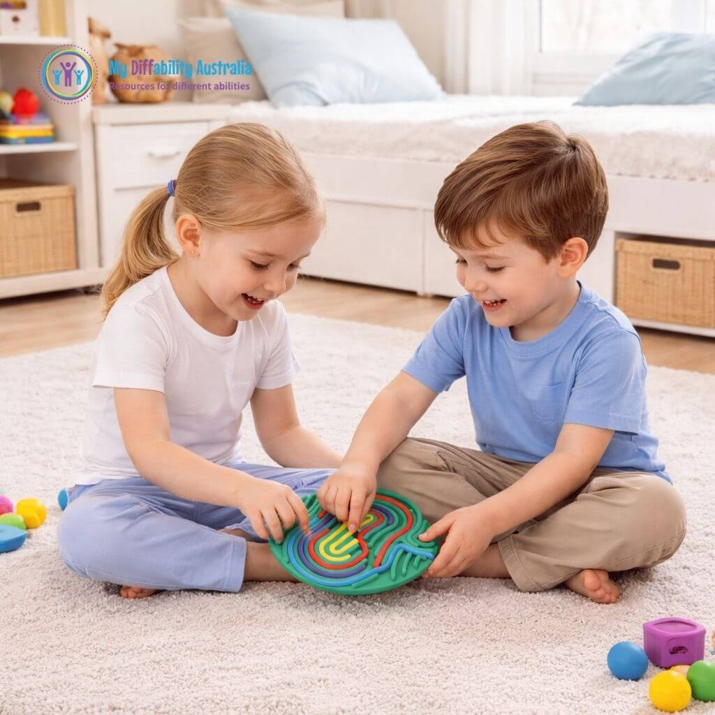 Picture Showing 2 kids playing Sensory Activity Board Portable Kit