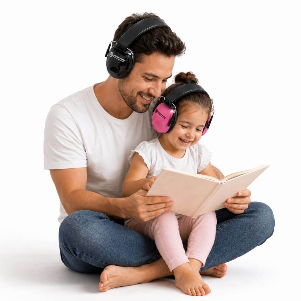 Picture of a dad and daughter wearing ear defender Noise Protection Ear Muffs