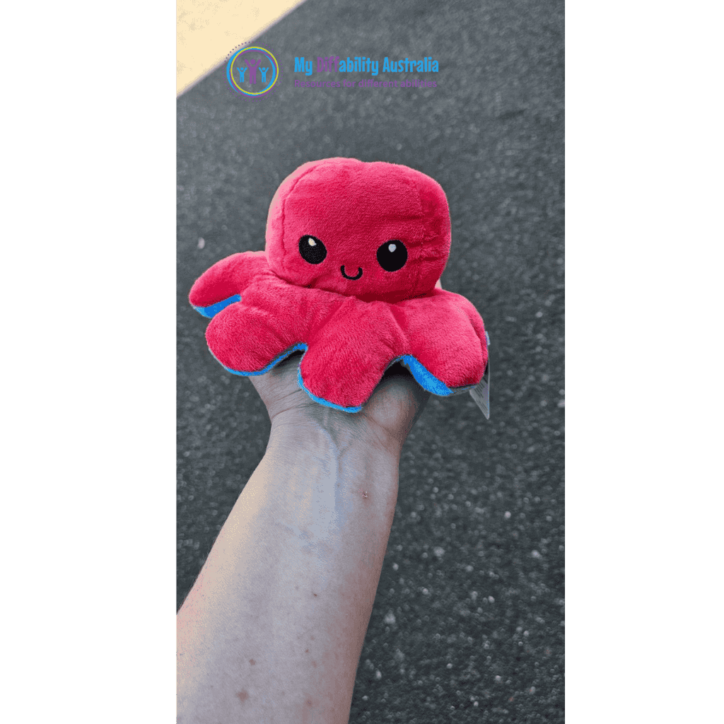 Picture of a hand holding Happy or Sad Reversible Octopus Plushie