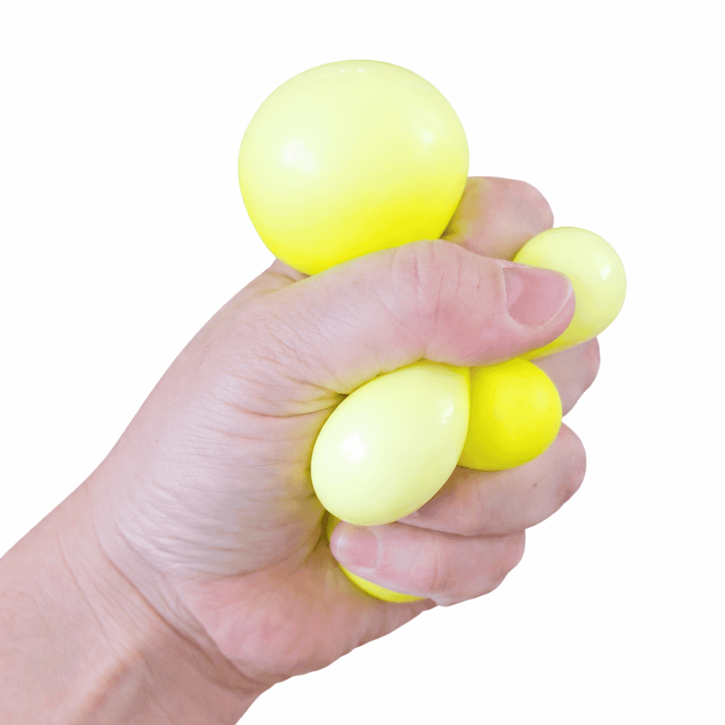 Picture of a hand squishing Splat Guy Stress Relieving Tool