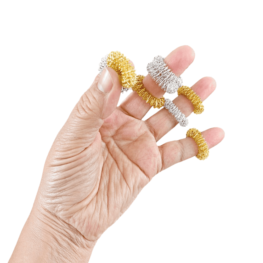 Picture of a hand wearing spikey ring fidget