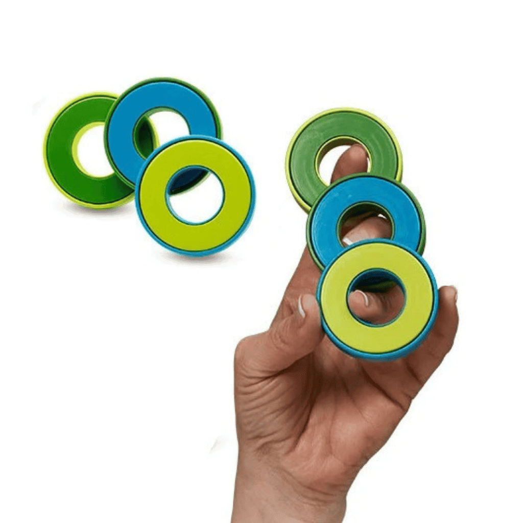 Picture of a holding the SwingOs Fidget Toy while another product photo is in the side
