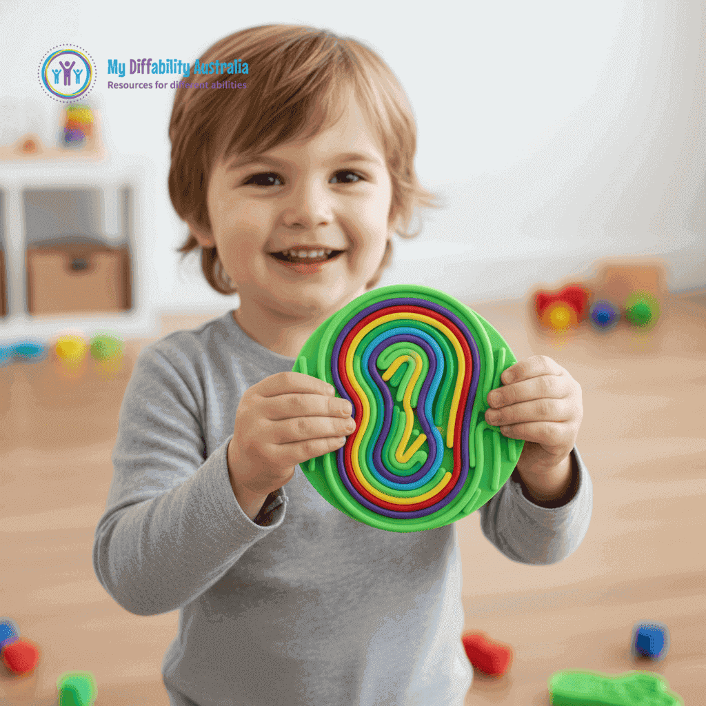 Picture of a kid holding sensory activity board