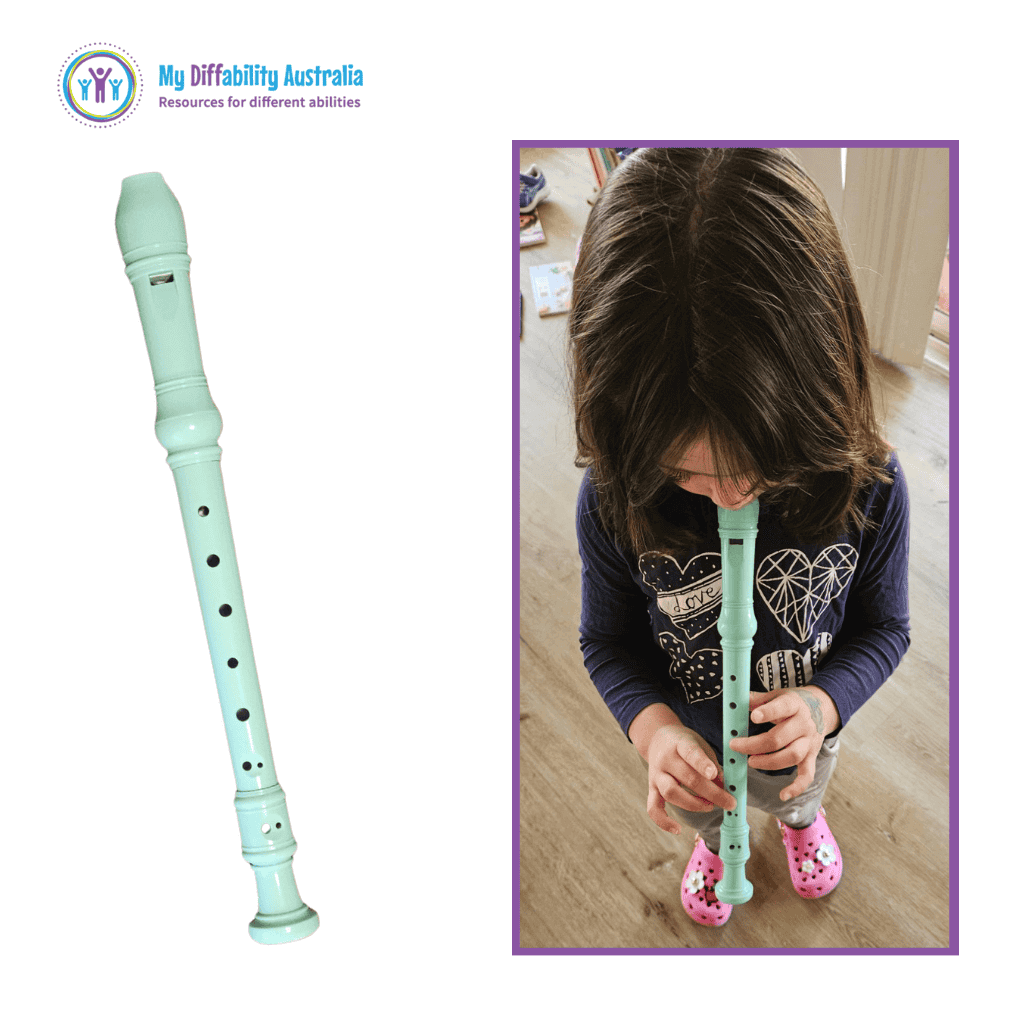 Picture of a kid using Musical Recorder Respiration Tool and the actual item itself