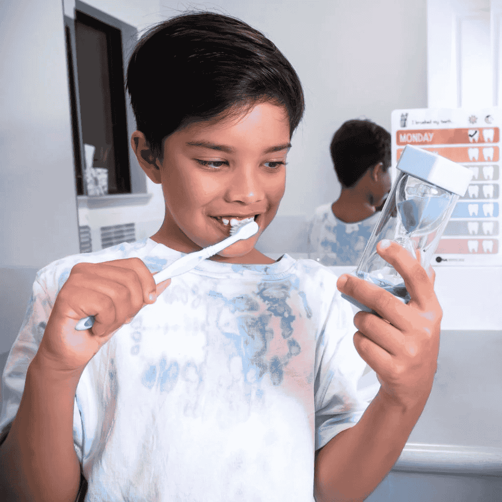 Picture of a young boy holding the 2 minute timer while brushing his teeth