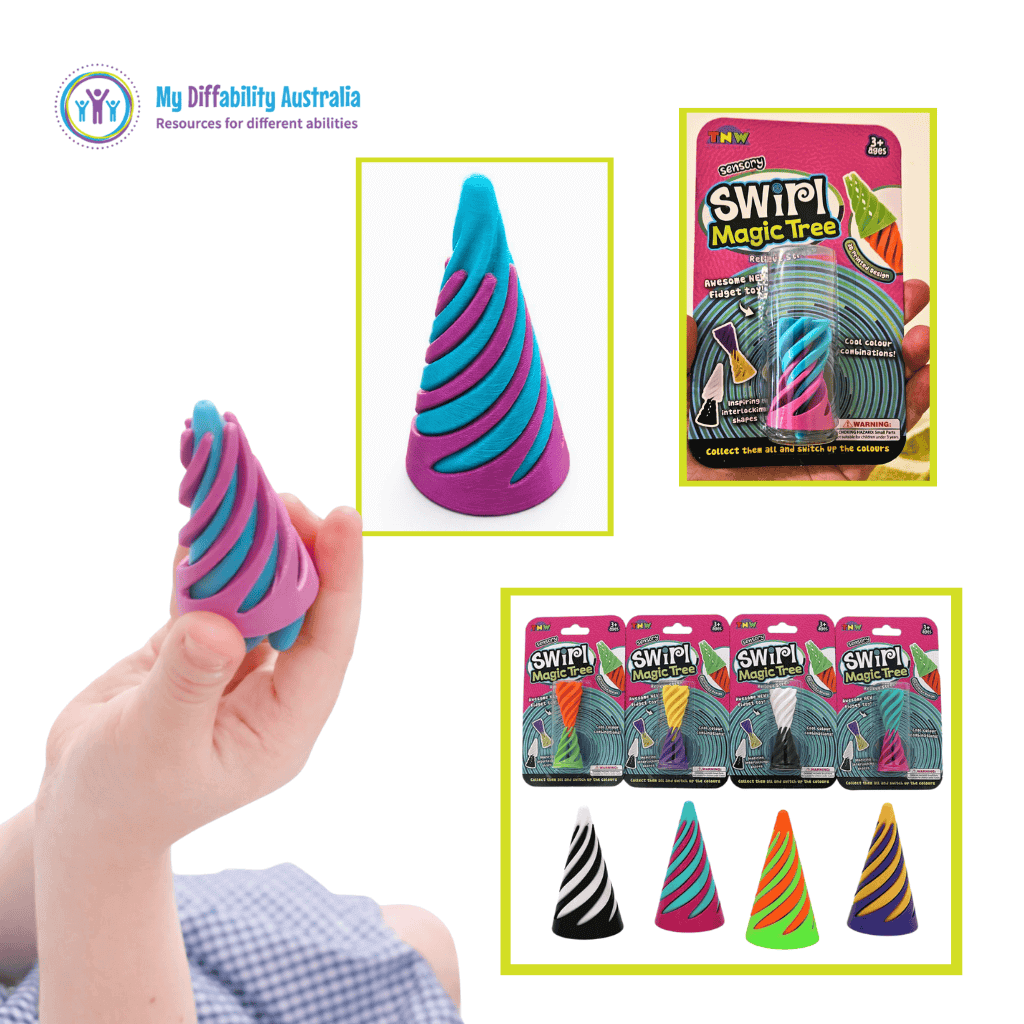 Picture showing Magic Swirl Tree Fidget Tool and its packaging and other colours
