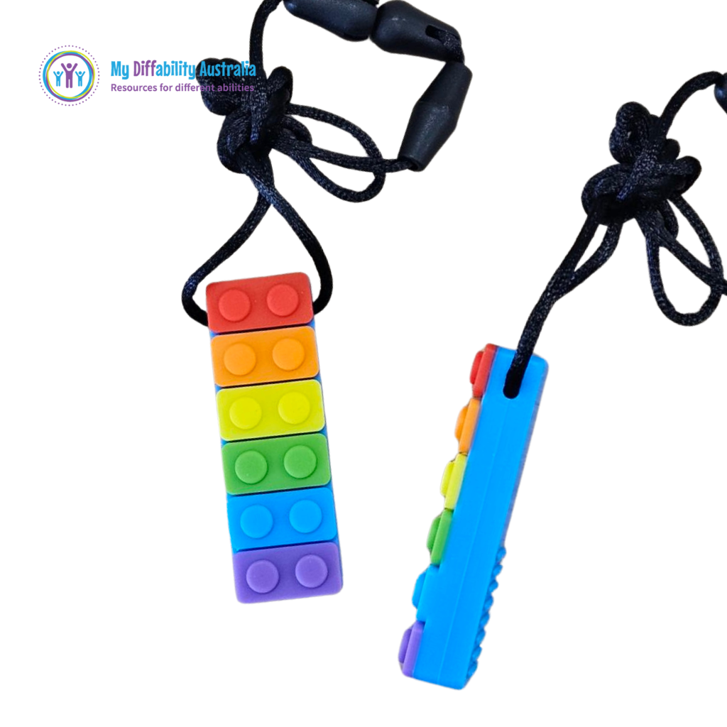 Rainbow Block Chew Pendant Side Front And Side View Blue Back