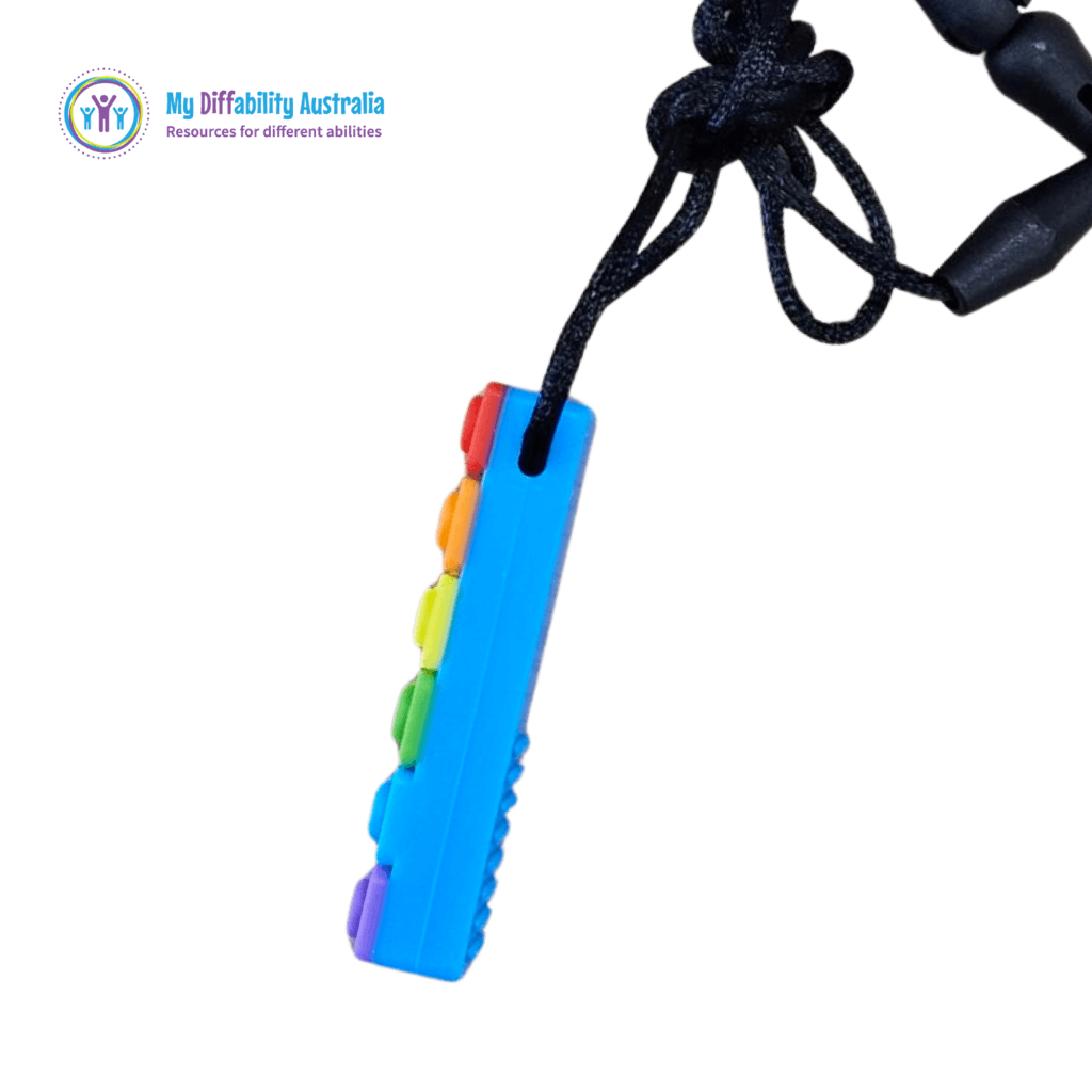 Rainbow Block Chew Pendant Side View Blue Back