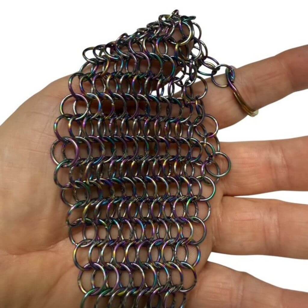 Rhomboid Hand Crafted Chain Maille Keyring in a hands palm
