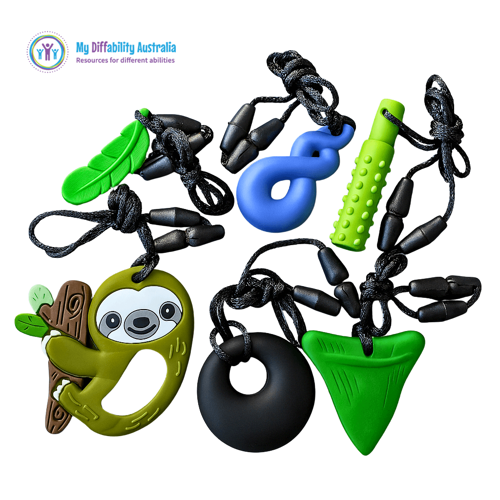 Set of 6 sensory chew toys with colorful designs