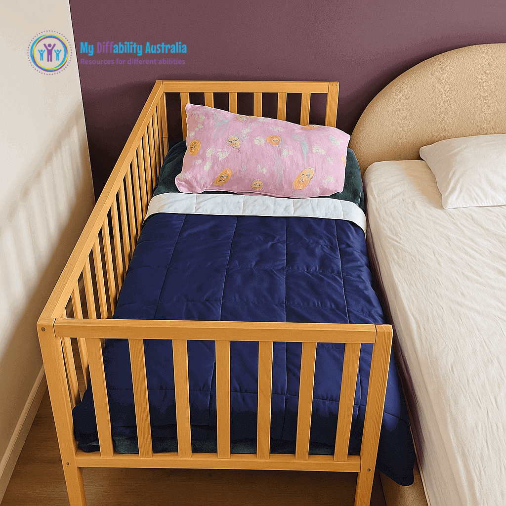 Small Weighted Blanket Blue Placed In the wooden crib