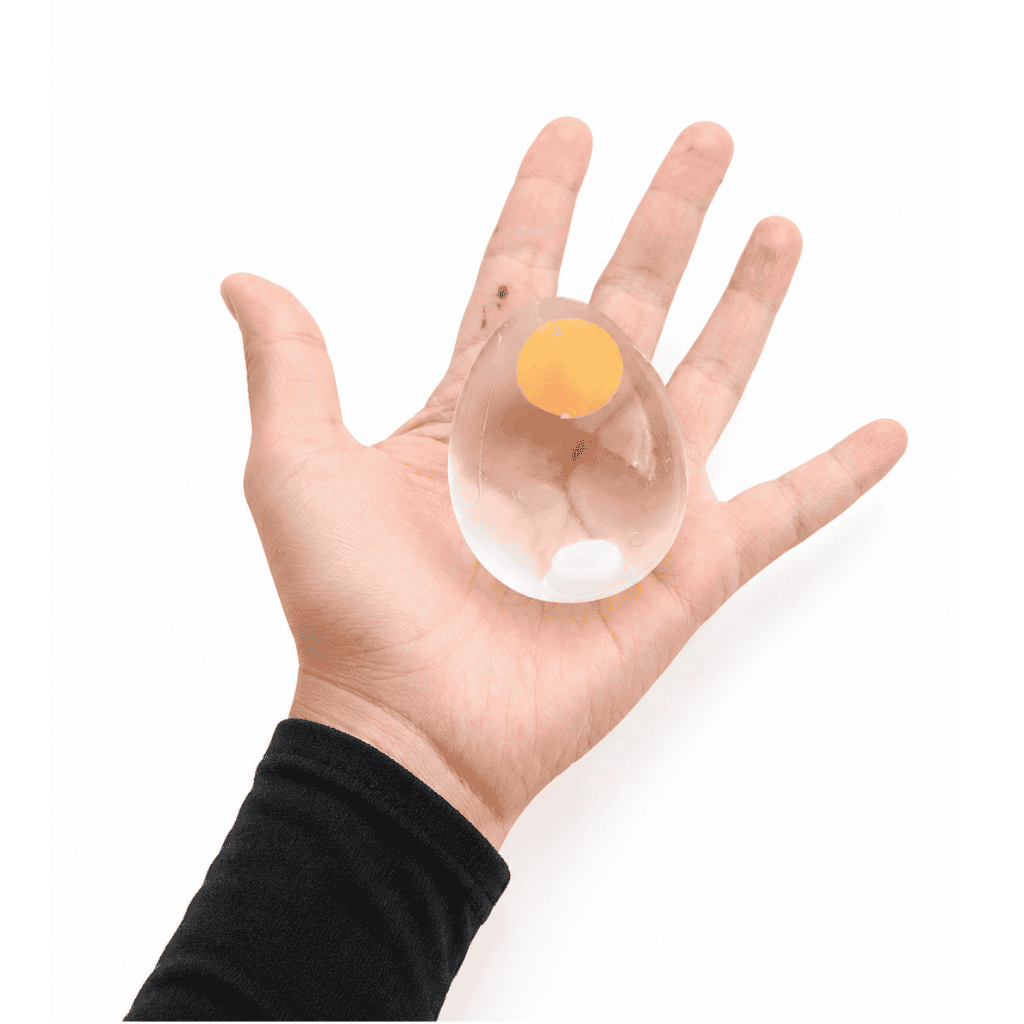 Splatter Egg Squeezy Ball Placed In a hands palm