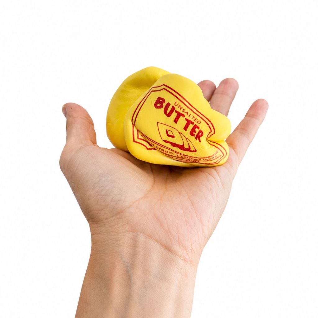 Squished Butter Cubes in a hands palm