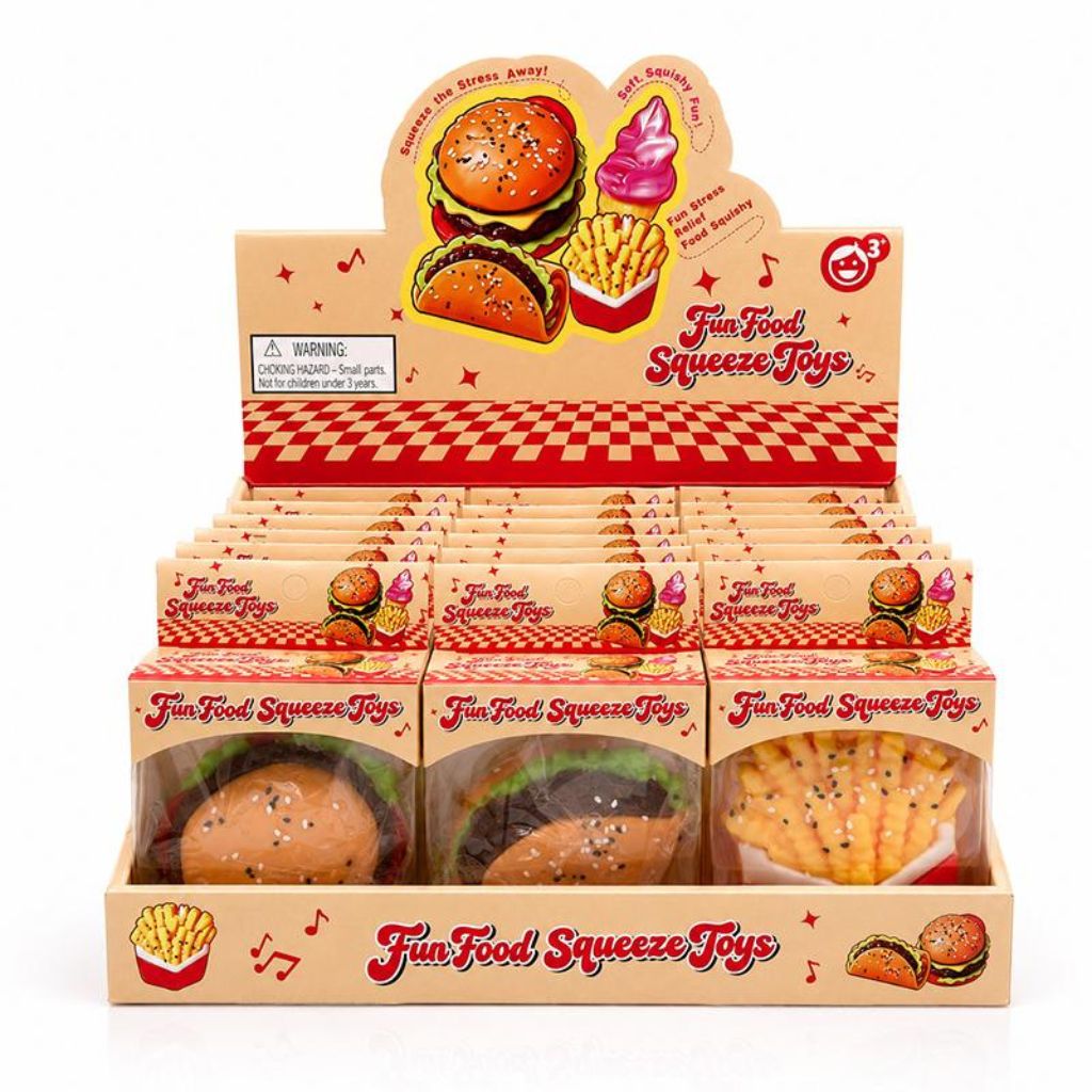 Squishy Squeeze Food Series Taco Burger and Fries showing in their packaging