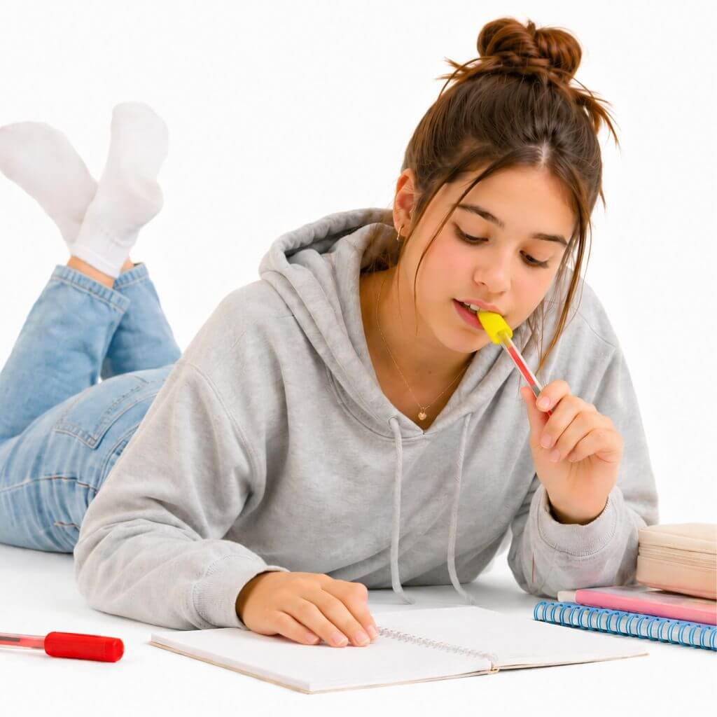Teenager Holding a pen with chewable pencil topper on it