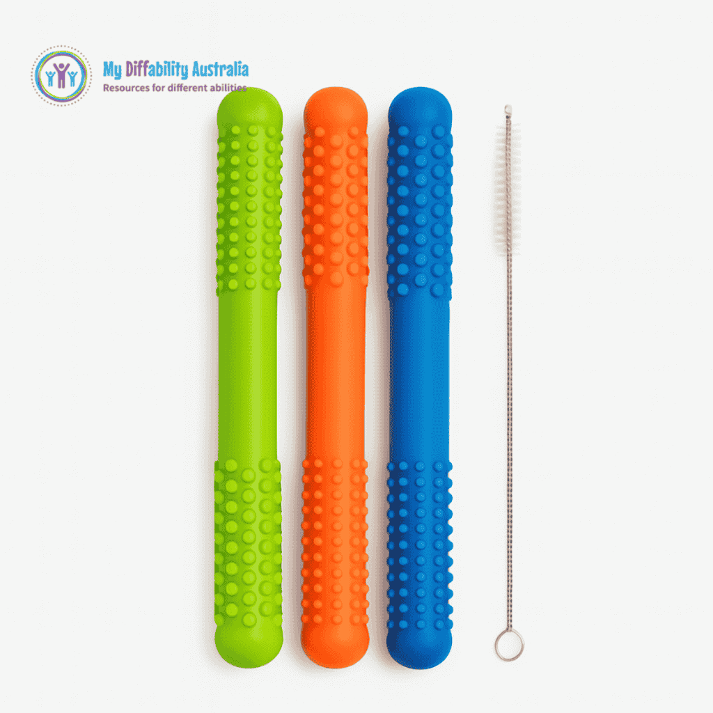 Textured Hollow Bite Tubes Set of 3 Different Colours with Straw Brush